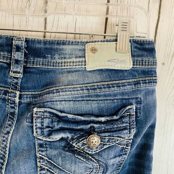 Womens Silver Aiko Rivets Flap Pocket Capri Denim Blue Jeans Sz W 30 L 22 - Picture 5 of 9